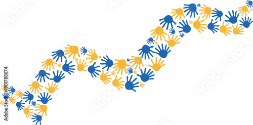 Abstract wave of blue and yellow handprints symbolizing community