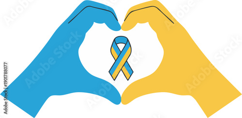 Blue and yellow heart hands gesture holding solidarity ribbon