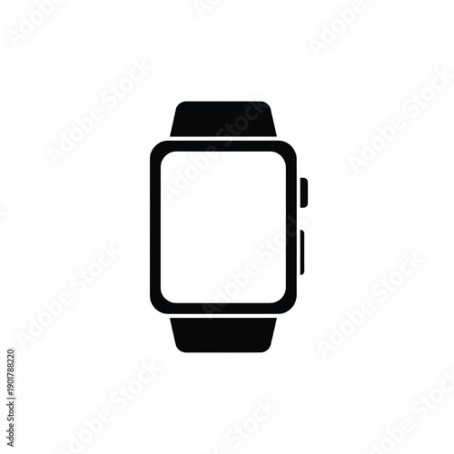 Smartwatch icon with blank screen and strap, minimal black silhouette on white background, wearable device symbol for app UI, fitness tracking, and modern technology design