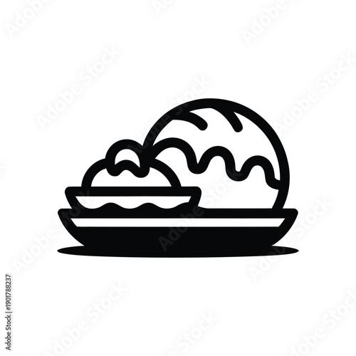 A black and white illustration of a bowl topped with a baked dish