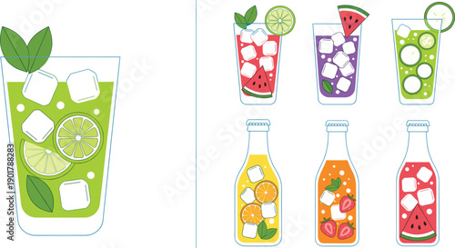 Set of refreshing summer drinks featuring lime mojito watermelon juice orange soda and strawberry cocktails in glasses and bottles on grey background