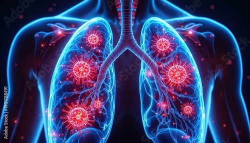 Viral infection attacking lungs with glowing red virus particles