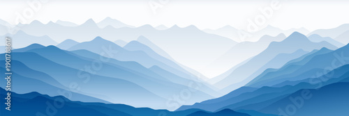 Vector illustration of mountains, silhouette ridges in the morning haze, mountain gradient, panoramic view