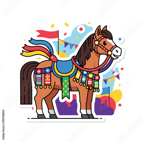 A decorated horse with a colorful saddle