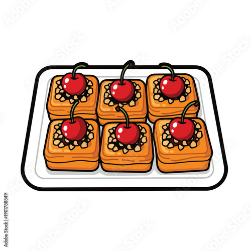 A plate of square pastries topped with nuts and cherries