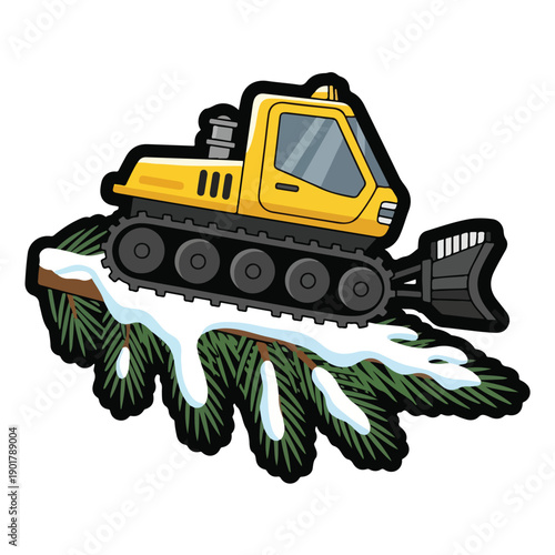 A cartoon snowplow on a pine branch