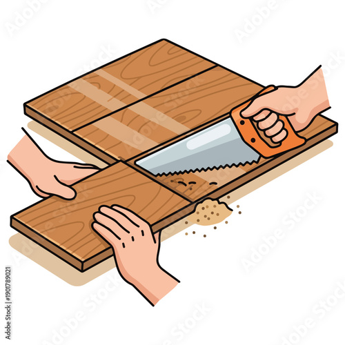 A person sawing a wood plank with both hands