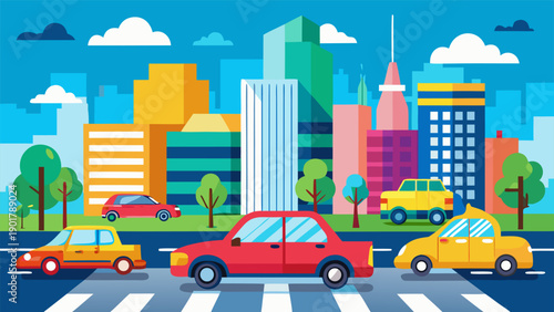 Aerial view of city street with heavy traffic and colorful cars .eps