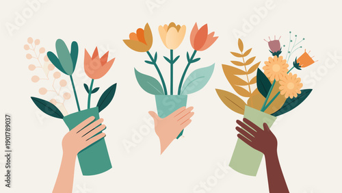 Close up of hands holding a beautiful bouquet of spring flowers .eps