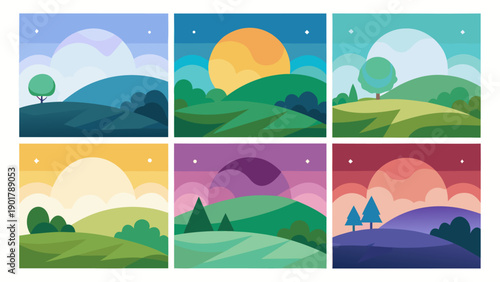 Cartoon mountain nature landscape at morning and evening times .eps