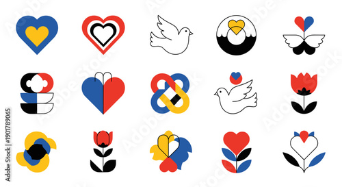 Collection of colorful love and heart themed icons and symbols