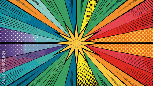 Retro cartoon explosion background with yellow radial lines and blue dots for superhero design.eps