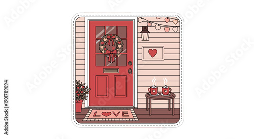 Cute cartoon house entrance with love decorations and cozy details
