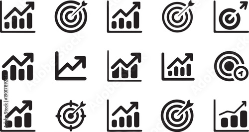Graph and target icons for business success strategy and growth concepts, representing financial performance, investment goals, analytics, and marketing objectives illustration