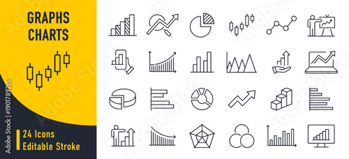 Graphs and charts linear icons for data analysis, financial reporting, and business performance tracking