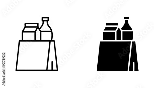Grocery delivery icons showing milk cartons and bottles on a table or stand outline and solid black versions symbolizing food and beverage doorstep service