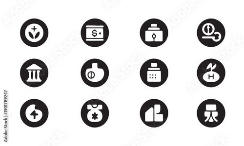 Financial and business icons representing banking, investment, and economic growth with symbols for money, currency, and savings for financial planning