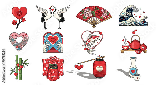 Collection of romantic and lovethemed illustrations and icons