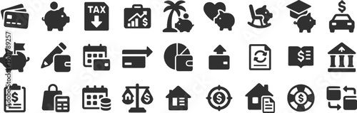 Financial and business icons, banking and investment symbols, saving and payment icons, growth and tax icons, concepts for finance and economy illustration