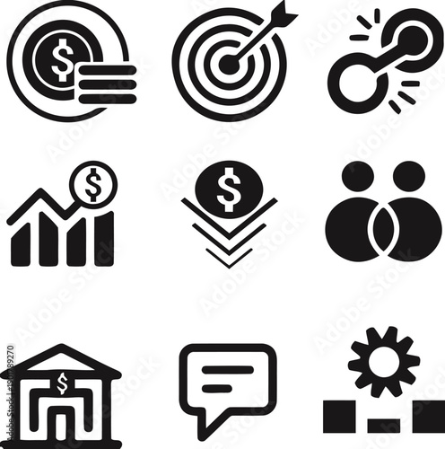 Financial management icons collection featuring banking services money transfers investment strategies economic targets financial goals currency exchange systems corporate finance solutions set