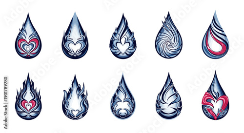 Collection of nine abstract flame icons with blue and pink accents