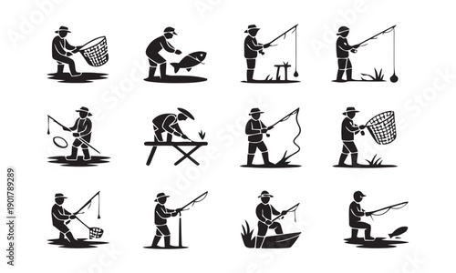 Fishing activity icons illustrating anglers casting lines, reeling in fish, using nets, and fishing from boats, capturing various scenes of recreational angling.