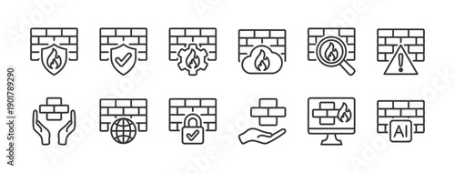 Firewall security icons set representing network protection data safety digital defense and cyber threat prevention technology vector
