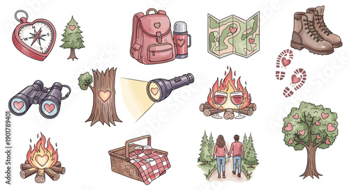 Collection of outdoor camping and hiking equipment and accessories