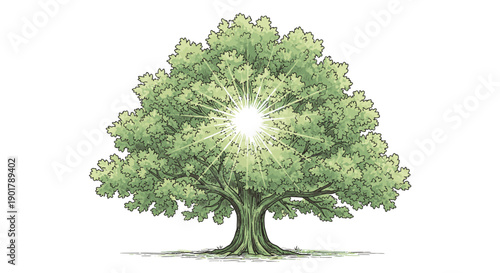 This detailed illustration captures a magnificent green tree, its dense foliage illuminated by a radiant central light, embodying vitality, growth, and the essence of nature.