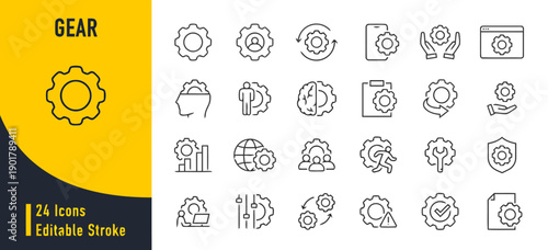 Gear icons set with cogwheels and mechanical symbols representing mechanics and engineering, system process editable stroke line art collection