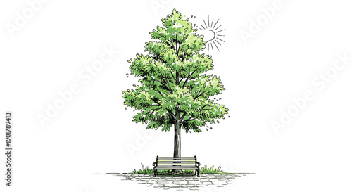 This charming hand-drawn illustration features a lush green tree standing tall above a quiet park bench, symbolizing peace and natural beauty under a gentle sun.