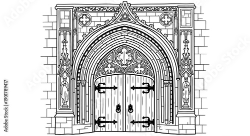 A detailed black and white illustration showcases an ornate Gothic archway and heavy wooden doors, evoking medieval architecture and historical grandeur.