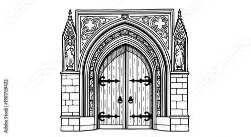 A detailed hand-drawn illustration presents a majestic Gothic church entrance, featuring an ornate archway, intricate carvings, and sturdy wooden doors, evoking historical grandeur.