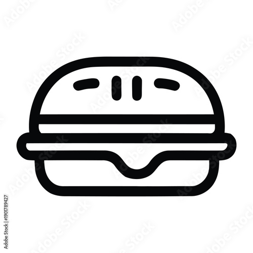Simple black and white illustration of a classic cheeseburger with sesame seed bun