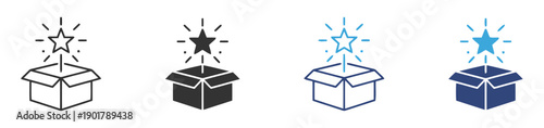 Gift box opening with starburst icon, symbolizing surprise, innovation, and new product launch, in various styles.