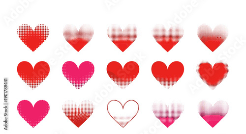 Collection of red pink and hearts with watercolor effect