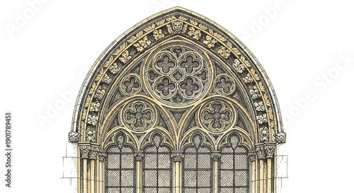 An exquisite architectural illustration captures the intricate details of a classic Gothic arch window with ornate tracery, showcasing historical European design.