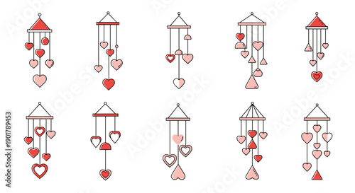 Collection of hanging heart ornaments with ribbons and bells for decoration