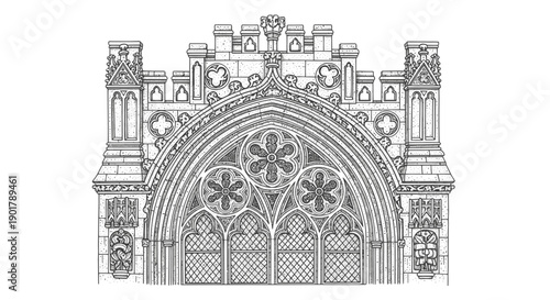 This detailed line art illustration beautifully captures an elaborate Gothic architectural facade, showcasing intricate tracery, pointed arches, and decorative elements.