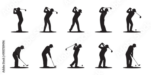 Golf player sequence showing swing motion from setup to follow-through, capturing full golf swing, athletic stance, golf club movement, sports animation 
