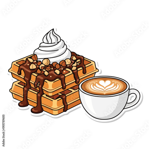 A stack of waffles with chocolate and nuts and a cup of coffee