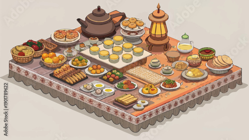Joyful Cartoon Vector: Diverse Cultural Food Festival Celebration, Community Gathering, Mealtime, Delicious Cuisine, Festive Atmosphere, Bright Colors