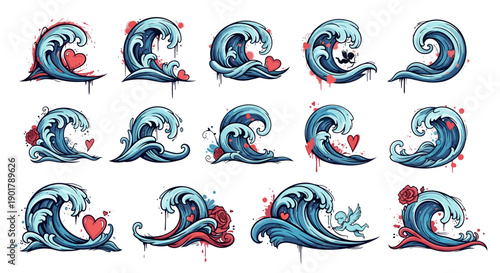 Collection of stylized ocean waves with hearts in a cartoon style