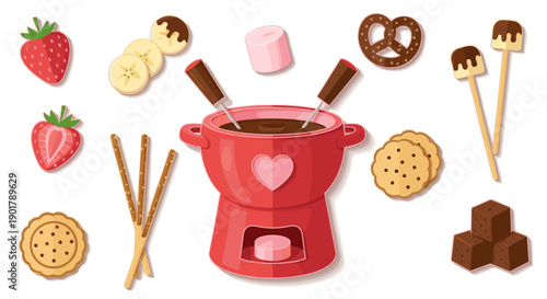 Chocolate melting pot with assorted cookies and strawberries