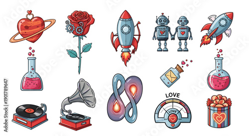 Collection of space exploration and science themed icons and symbols