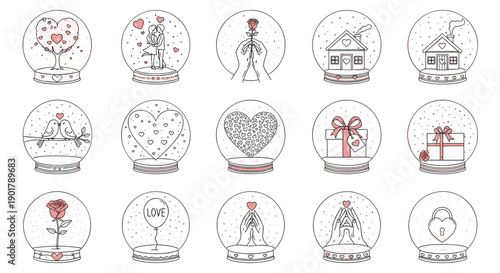 Collection of romantic and lovethemed illustrations with hearts