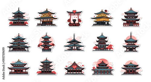 Collection of traditional japanese pagodas and temples in various styles