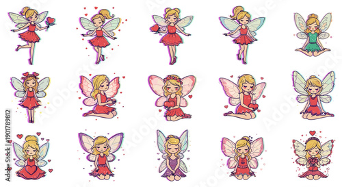 Collection of cute cartoon fairy characters in various poses and outfits