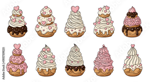 Collection of cute and colorful cupcakes with various frosting designs