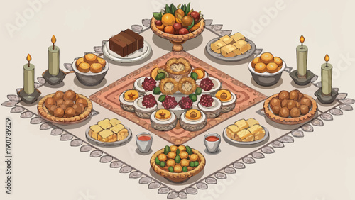 Flat Illustration: Religious Festival Food Offering, Spiritual Celebration, Devotion, Cultural Traditions, Shared Meal, Holy Day, Respectful Community Gathering